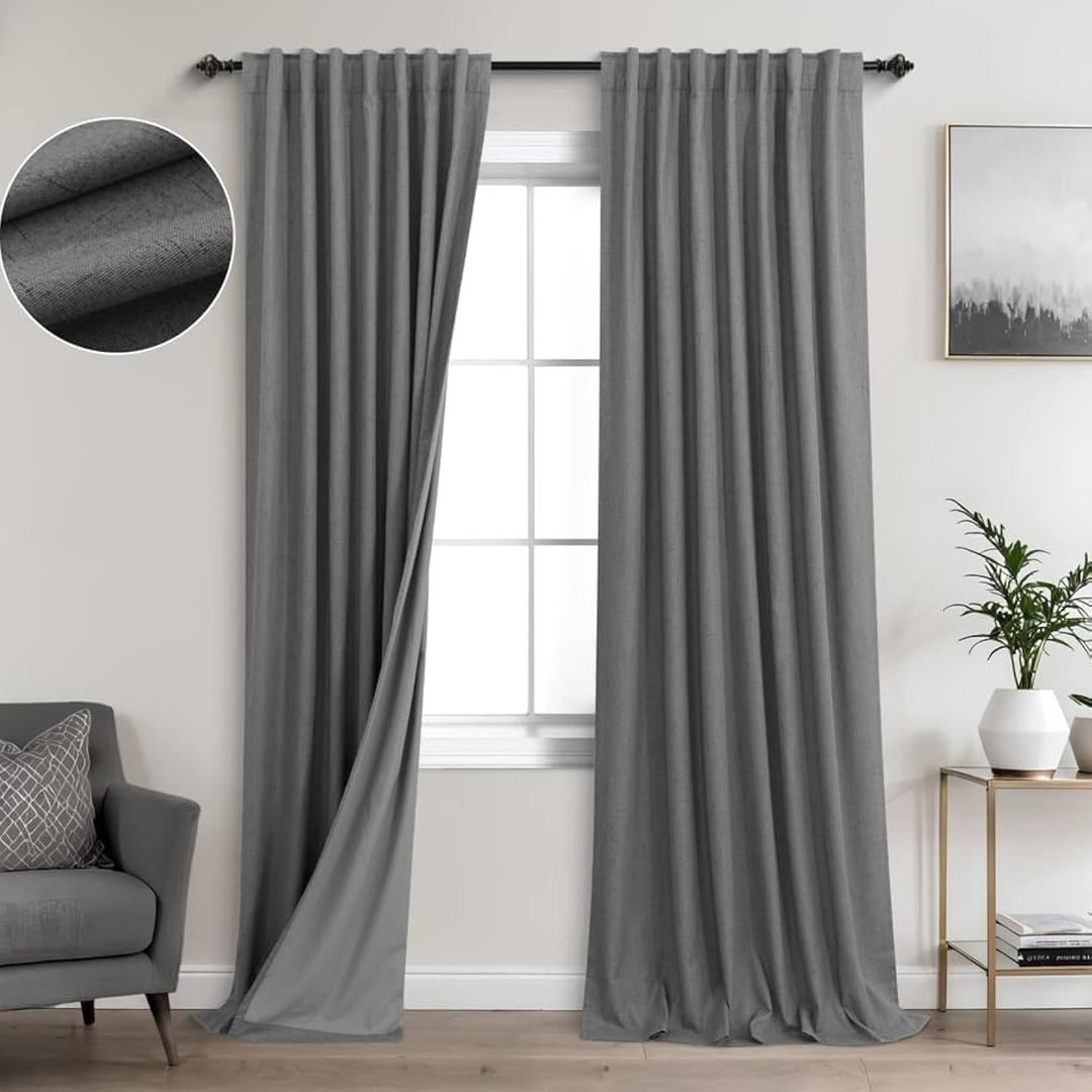 KOUFALL Grey Linen Black Out Curtains 96 Inches Long 2 Panels Set,Blackout Dark Charcoal Gray Gamer Gaming Curtains for Boys Room Bedroom