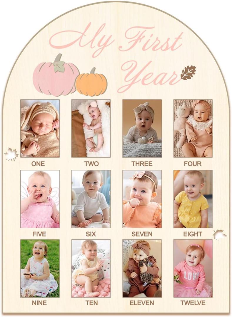 Aukolass My First Year Photo Board Pumpkin Themed Baby's 1st Birthday Picture Frame 12 Months Photos Milestone Keepsake Board, 1st Birthday Party Decorations (Pink, 11.6 * 16.0inch)