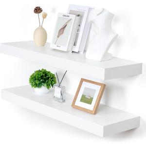 FLYJOE Deep Floating Shelves | 36 Inch White Floating Shelves Set of 2 | 12 Inch Deep Rustic Wood Shelves for Wall | 36" W x 12" D White Shelves for Living Room Bathroom Laundry Room Kitchen, 35.6W x 11.6D x 2H, 2 Pack