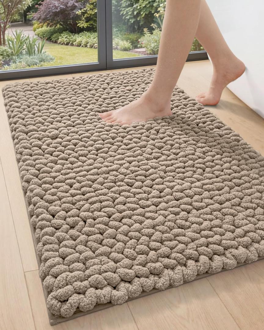DEXI Bathroom Rugs 24x36, Non Slip Washable Bath Mat, Luxury Chenille Super Absorbent Ultra Thick Bathmats for Shower Floor, Plush Fluffy Shaggy Carpet for Tub, Beige