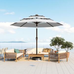 10FT Patio Umbrella 3 Tiers Outdoor Market Umbrella w/Push Button Tilt, Crank, UV and Waterproof Table Umbrella for Garden, Pool, Backyard, Deck, Lawn, Light Gray