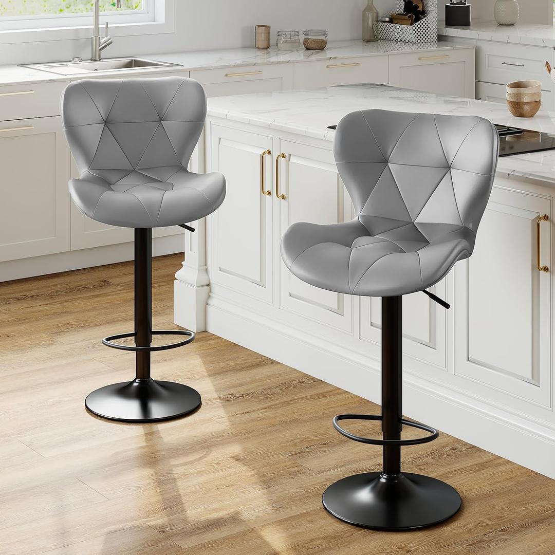 Sweetcrispy Bar Stools Set of 2, Faux Leather Swivel Adjustable Bar Chairs, Grey