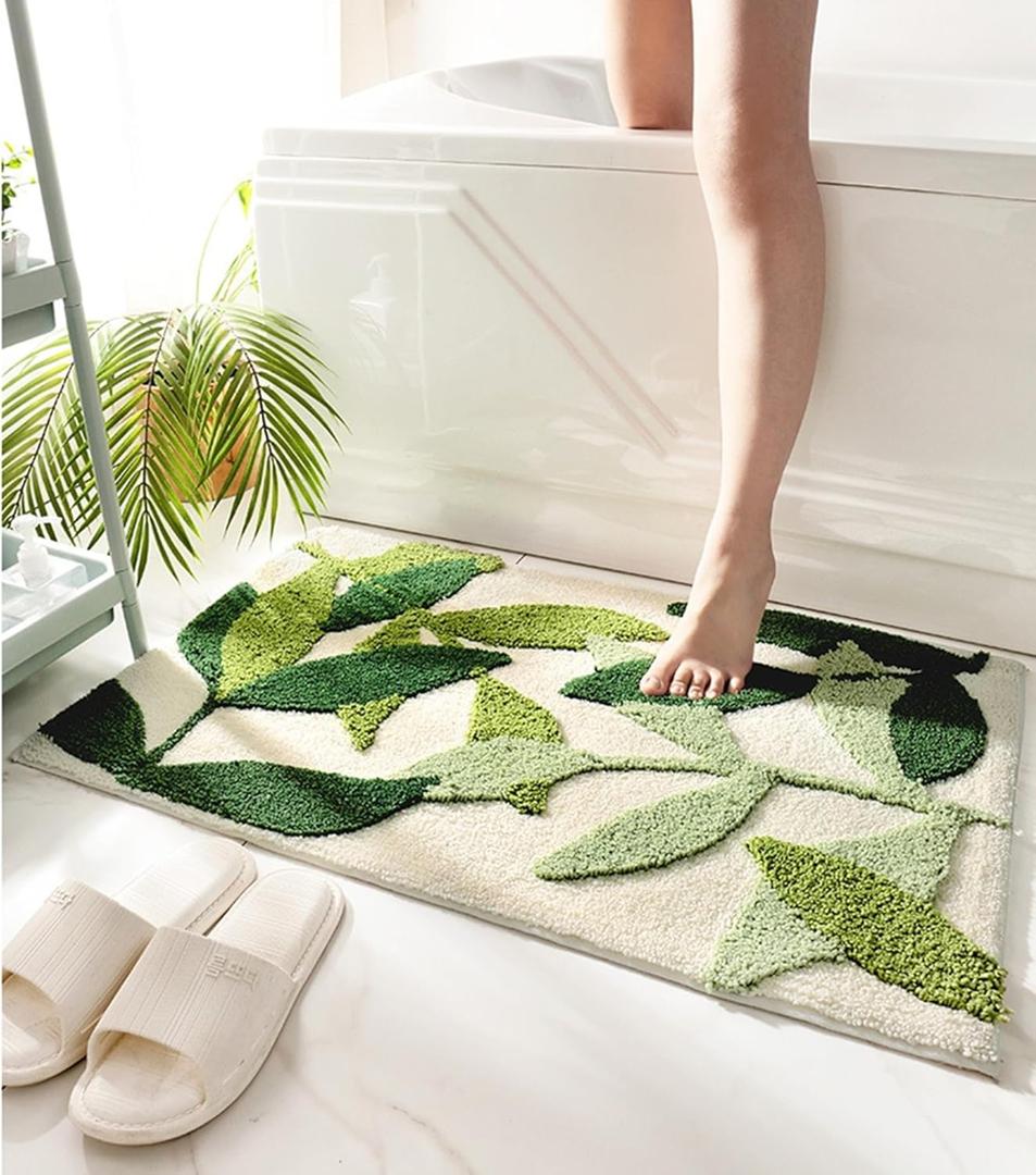 Green Leaves Bath Mats Bathroom Rugs Non-Slip Soft Microfiber Absorbent Machine Washable Entrance Doormat Boho Carpet for Bathroom Floor Tub Shower 17.5 X 25.5 Inches