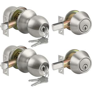 BESTTEN 2 Pack Keyed Same Exterior Door Knobs and Single Cylinder Deadbolts Combo Set, Keyed Alike Entry Door Knobs with Locks and Keys for Entrance and Front Door, Satin Nickel