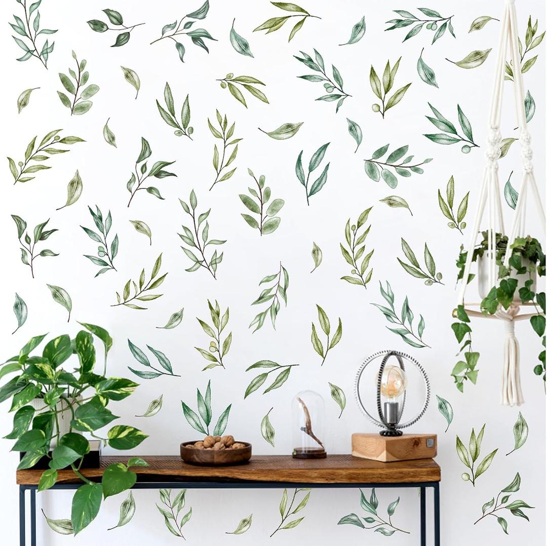 Green Leaves Wall Stickers - Boho Botanical Tree Leaves Wall Decals for Nursery Bedroom Living Room Decor