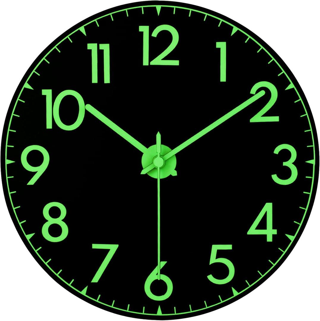 JoFomp Glow in The Dark Wall Clocks Battery Operated, 12 Inch Resin 3D Numbers Luminous Wall Clock for Bedroom, Silent Wall Clocks for Living Room Decor, Light Up Wall Clock Decorative for Kitchen (Black)