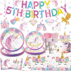 162pcs Unicorn 5th Birthday Decorations for Girl: Unicorn Plates, Napkins, Banner, Hanging Swirls, Tablecloth, Cake Topper - Pink, Purple - Serves 25