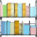 Set of 2 Stackable Food Container Lid Organizer, Adjustable Metal Lid Storage Shelf for Kitchen, 4 Dividers Detachable Lid Organiser Rack for Cabinets, Cupboards, Pantry Shelves, Drawers, Black