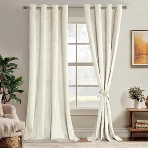 JIUZHEN Ivory Velvet Curtains 108 inches Soundproof Curtains for Living Room - Privacy Protect Room Darkening Grommet Thick Velvet Window Drapes for Bedroom, Set of 2 with Tiebacks, 52W x 108L