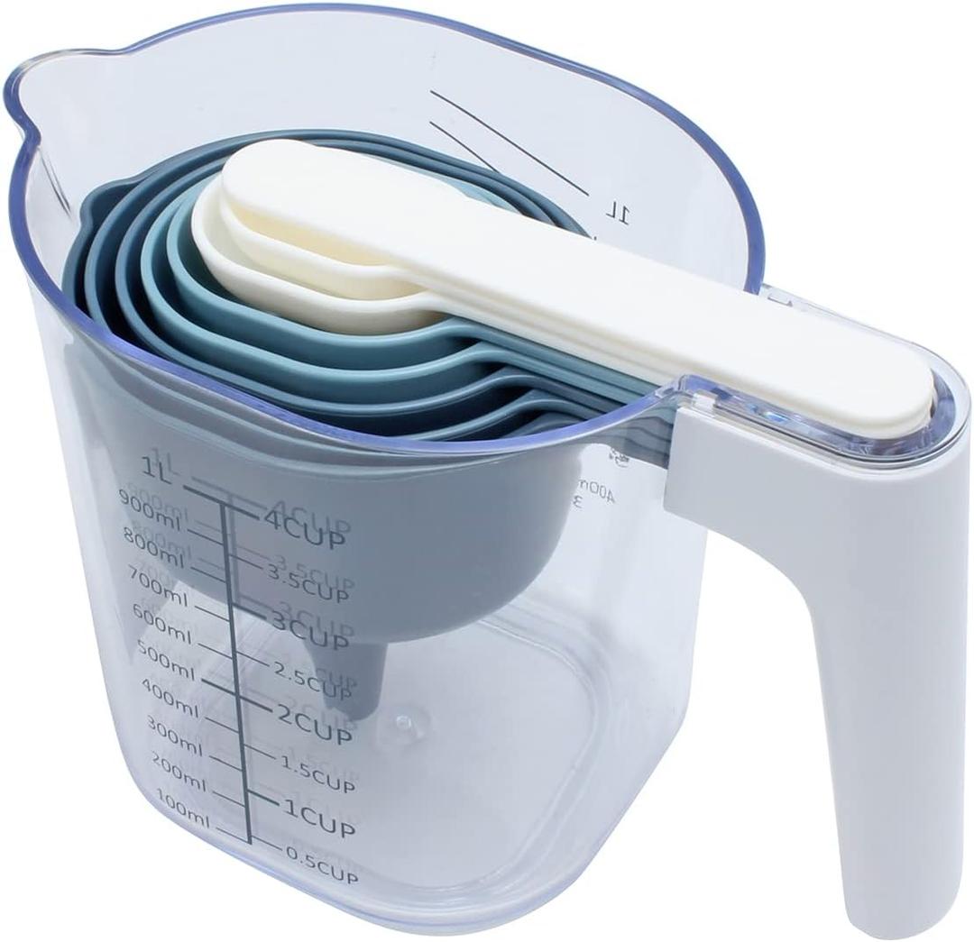 COOK WITH COLOR Measuring Cup Set - 9 PC. Nesting Stackable Liquid Measure Cup, Dry Measuring Cups and Spoons with Funnel and Scraper - Nesting Measuring Cups that Click Together for Easy Storage (Blue Ombre)