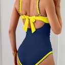 Aidonger One Piece Swimsuit for Women Tummy Control Color Block Bathing Suit V Neck Shell Stitched Tie Back Swimwear (Blue, L)