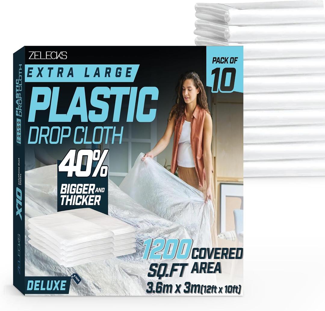 12 x 10 FT 10 Pack Extra Large Painters Plastic Drop Cloth Painting Sheet - Light and Durable Dust Cover - Clear Plastic Sheet-Plastic Sheeting - Paint Drop Cloth - Floor Protector