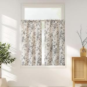 jinchan Floral Linen Tier Curtains 45 Inch Farmhouse Botanic Cafe Drapes for Small Windows Rustic Half Window Curtains for Kitchen Living Room Bathroom Laundry 2 Panels Black on Beige