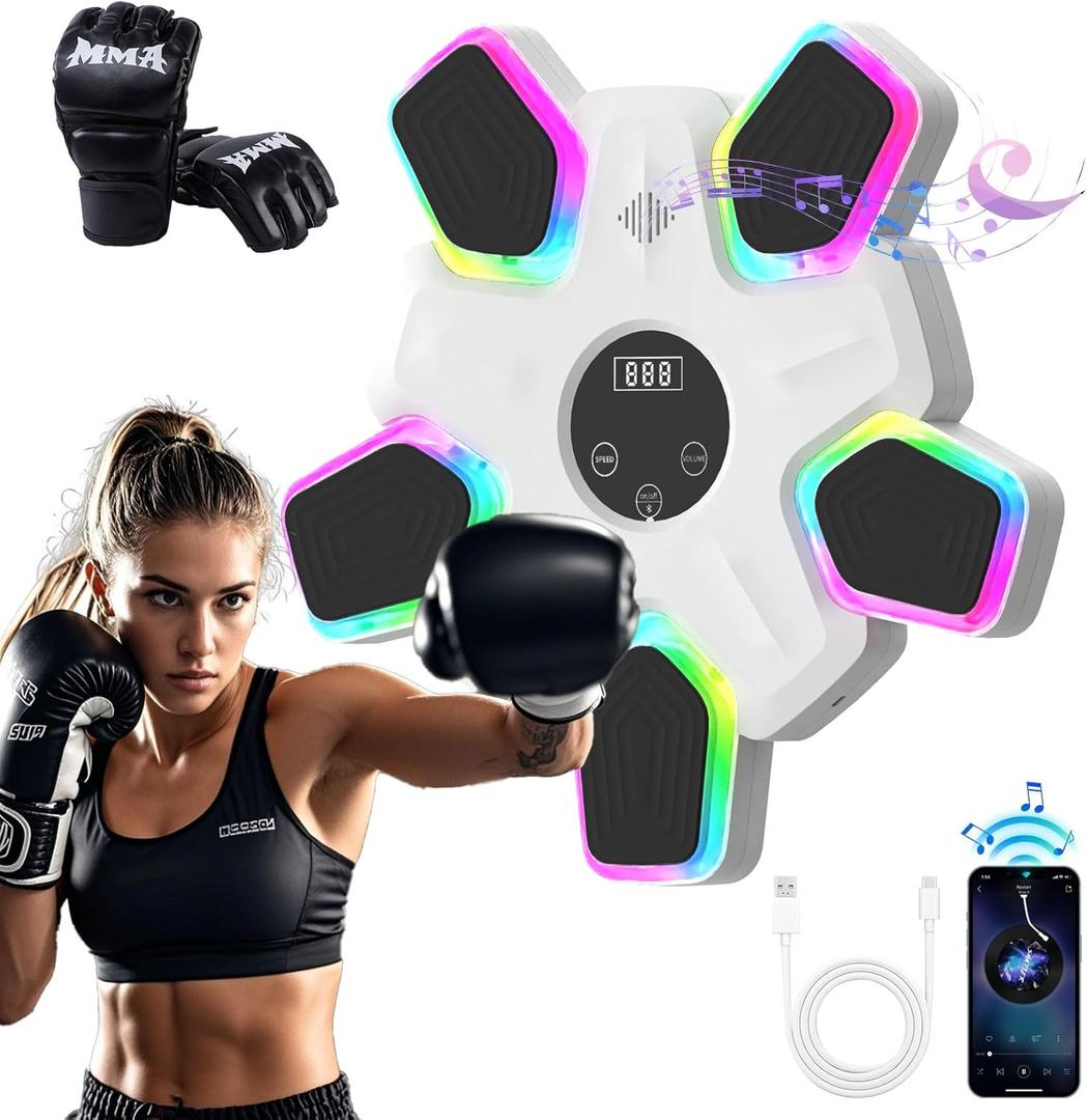 Music Boxing Machine, Intelligent Musical Punching Workout Trainer with 7 LED Color, Boxing Gloves, Smart Bluetooth, Agile Digital System and Wall-Mounted 2025 Newest Version (White-Upgrade Newly)