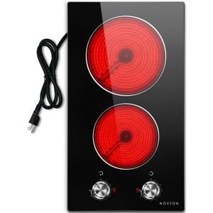 Noxton 110v Electric Cooktop 2 Burners, Plug in Electric Stove 12 Inch, Built-in or Above the Counter Use, 9 Power Level, Knob Control Ceramic Stovetop, Great for the Elderly