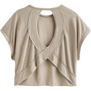 SOLY HUX Women Open Back Tops Workout Backless Tee Casual Athletic Shirts Short Sleeve Oversized Gym T Shirt Plain Brown X-Large (Beige, XL)