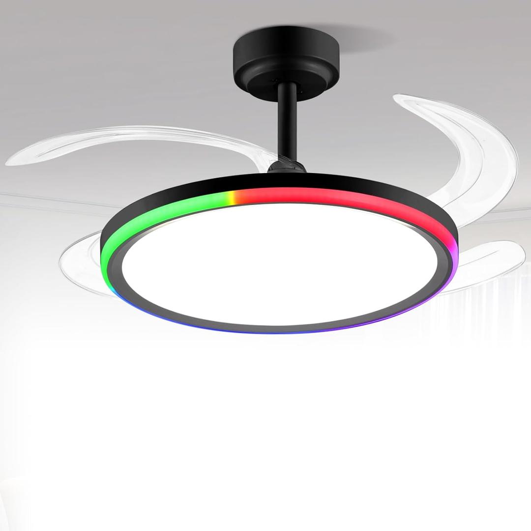 BAYSQUIRREL Slim Retractable Ceiling Fan with Light and APP/Remote Control, 42in Modern Smart RGB Ceiling Fan with Bluetooth Speaker, Dimmable Full Spectrum with Memory, 6-Speed Reversible Fan, Black