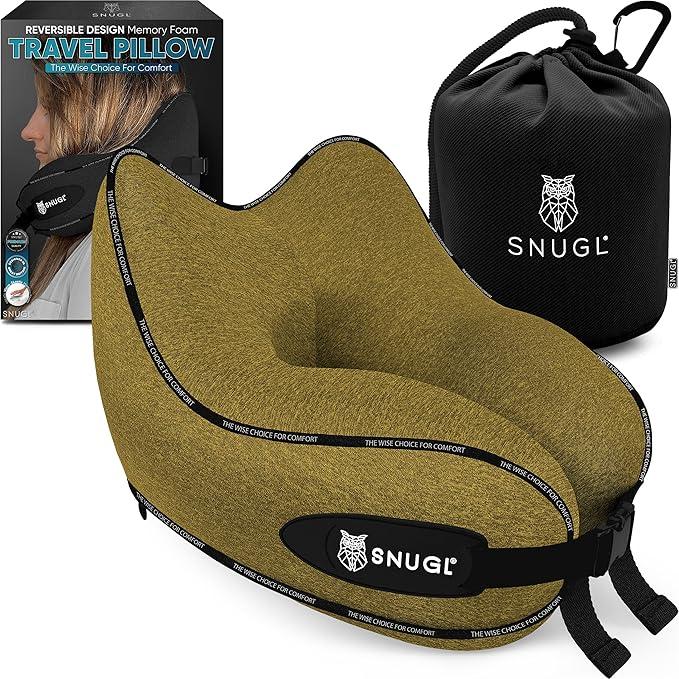 SNUGL Neck Travel Pillow - Memory Foam Airplane Pillow - Flight Pillow | Neck Support Travel Pillow with Carry Bag & Clip | Neck Pillows for Sleeping Travel Plane | Flying Travel Essentials - D.Yellow