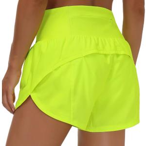 THE GYM PEOPLE Womens High Waisted Running Shorts Quick Dry Athletic Workout Shorts with Mesh Liner Zipper Pockets (Medium, Light Yellow)