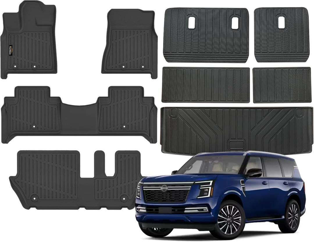 Floor Mats Custom for Nissan Armada 2025-2026 / Infiniti QX80 Fit 8 Seats Trunk Mat with Backrest Mat All Weather TPE Rubber Cargo Liner Full Set Floor Liners for Armada 2025 Accessories