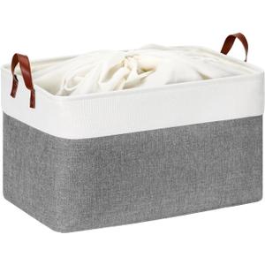 DULLEMELO Extra Large Storage Basket for Organizing, 70L Oversized Storage Bin Foldable Canvas Fabric Blanket Basket, 22" x 15" x 13" Large Kids Toy Basket Organizer with Handles (White&Grey)