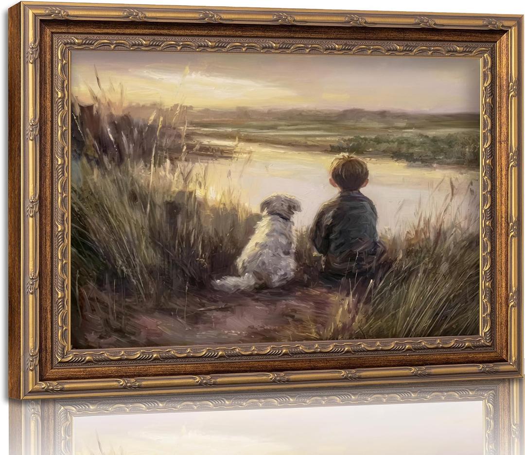Gold Vintage Framed Wall Art Boy Fishing Wall Decor Painting, fall wall art Dog and Boy Landscape Canvas Retro Country Farmhouse Prints Artwork kids wall art for Bedroom Living Room 16x24inch