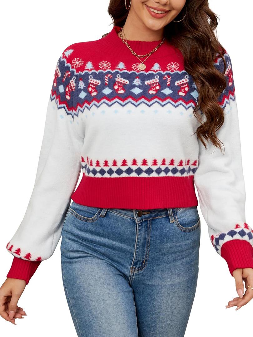 LUBOT Christmas Sweaters Cardigans for Women Ugly Soft Fuzzy Knit Long Sleeve Pullover for Christmas Party Holiday S-XXL ((Cropped) Red & White)