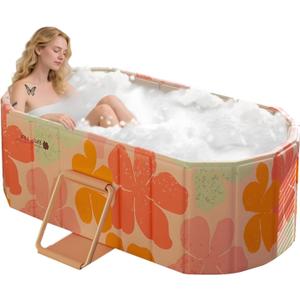 Gets 59" XXL Oval Ice Bath Tub For Athletes, Portable Bathtub for Adults Foldable Soaking Standing Hot Bath Tub for Shower Stall, Separate Family Bathroom SPA (Pink,59"22"19") (Pink Without Lip)