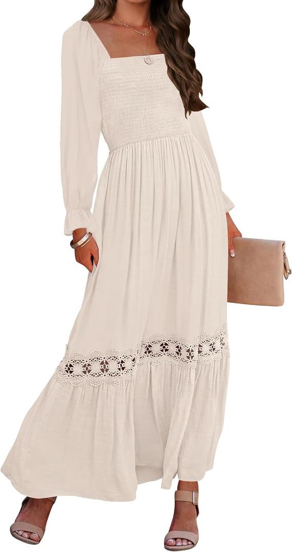 ZESICA Women's 2026 Boho Long Sleeve Square Neck Smocked High Waist Flowy A Line Lace Trim Maxi Dress XL