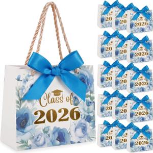 Yexiya 40 Pack 2026 Graduation Gift Bags Bulk Class of 2026 Blue Floral Graduation Party Bags 5.5" Congrats Grad Treat Bag for Gifts with Handles and Bow Ribbon