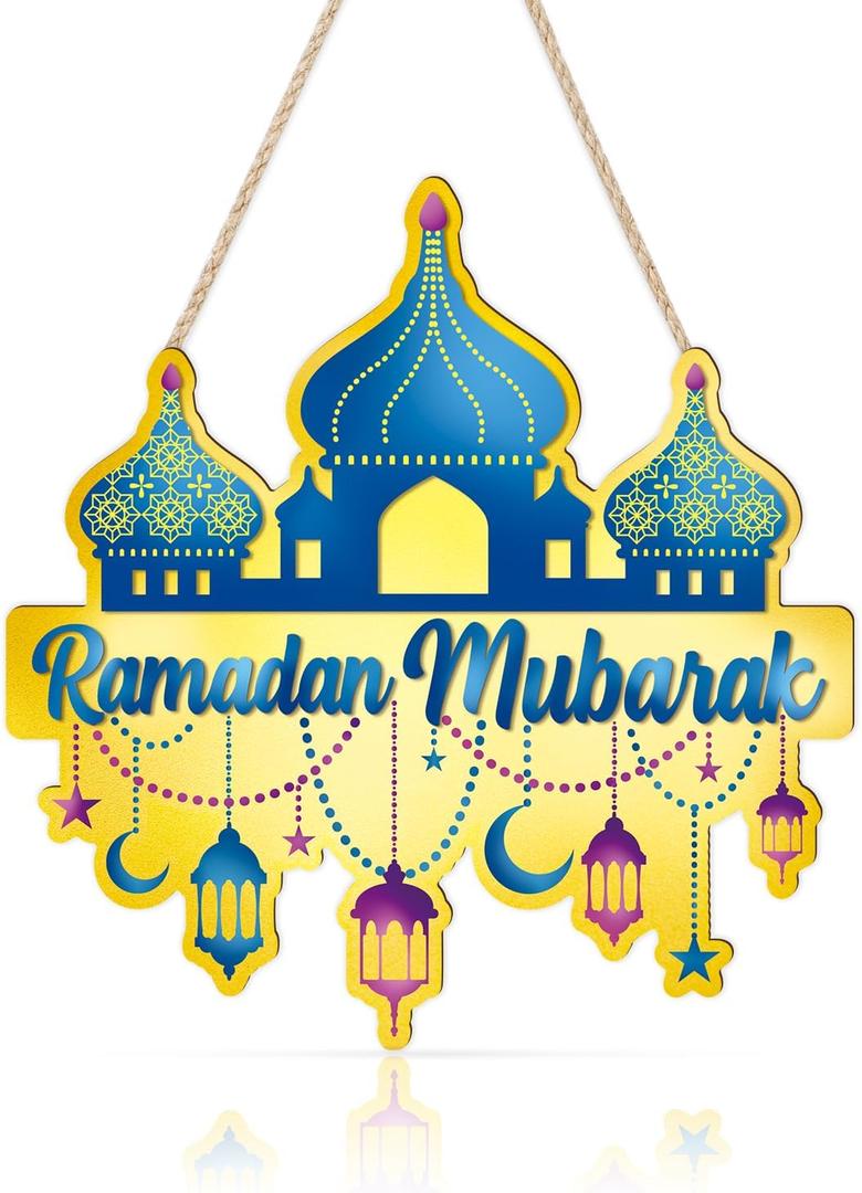 LHIEUM 11in Vintage Ramadan Mubarak Decoration Eid Mubarak Lights Hanging Sign Moon Stars Islamic Ramadan Wreath Front Door Ramadan Castle Crafts Muslim Symbol Wood Decor for Living Room Prayer Room