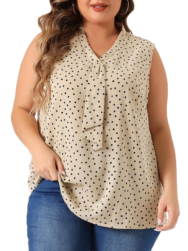 Plus Size Women's Polka Dots V Neck Tie Neck Sleeveless Blouses Work Tank Tops Summer 2023 M