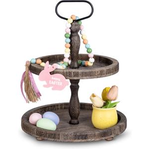 Mustry Rustic Wooden 2 Tiered Tray, Round Farmhouse Kitchen Table Decor Serving Tier Tray, Food Fruits Cupcake Display Coffee Bar Home Party Seasonal Decorations (Brown)