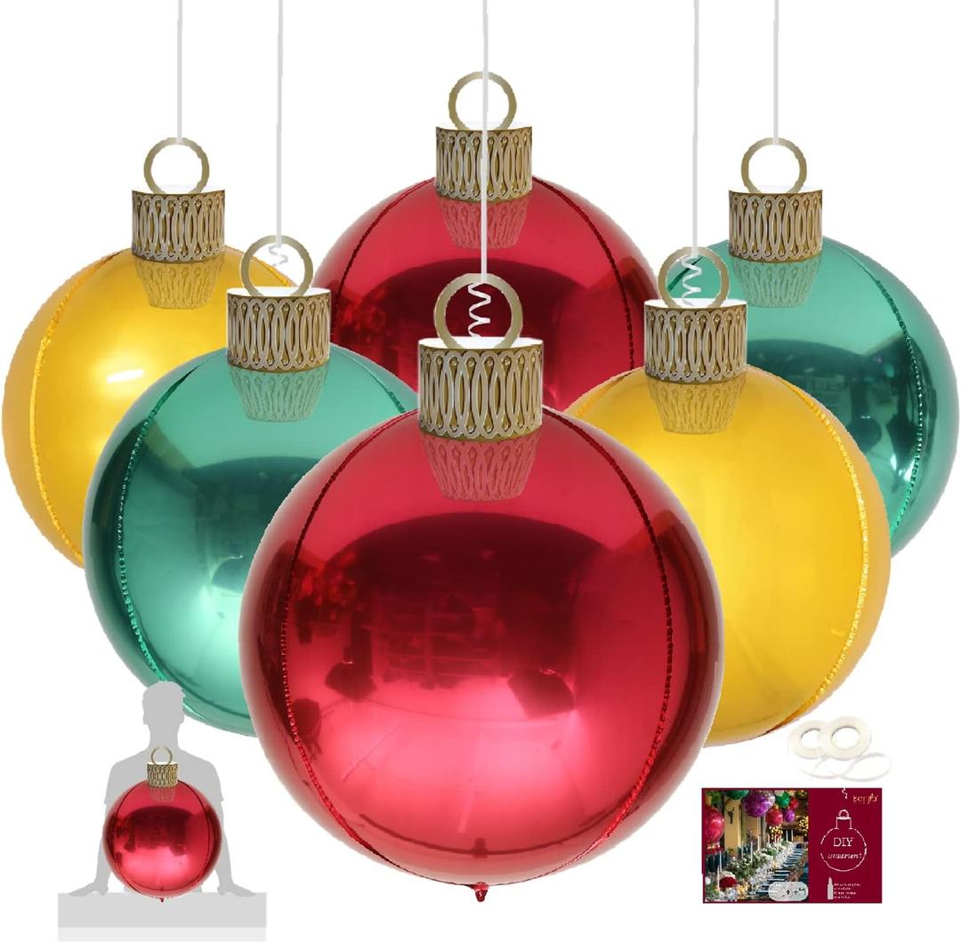 XXL 30in Christmas Ornaments 6 Count 76cm x 50cm Foil Balloon Christmas Bauble Balloon Ball Hanging Ornaments for Holiday Indoor Window Display Xmas Tree Decoration (Gold/Red/Green)