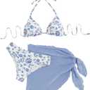 SHENHE Women's 3 Piece Floral Bikini Set with Wrap Coverup Halter Triangle Swimsuits (Medium)