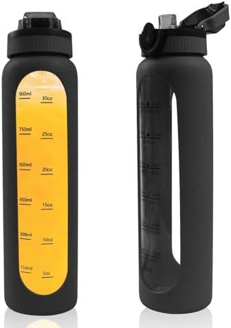 1 Liter Borosilicate Glass Water Bottle with Silicone Sleeve, Drinking Bottle with Time Marker Reminder Quotes,32 Oz Leak Proof Reusable BPA Free Motivational Water Bottles, Black