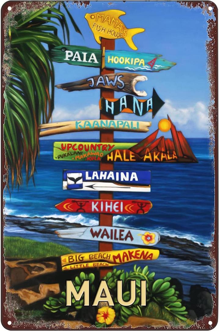 Vintage Metal Tin Signs - Beach Direction Sign All Ways Great on Maui Hawaiian Travel Poster - Wall Decor Plaque for Home Bar Pub Cafe Club 8x12 Inches