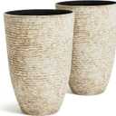 Worth 9 Gallon Tall Round Planters Set of 2-14" Dia x 21" H Stone Finish Flower Pots Indoor Decorative Container Garden Patio Unbreakable Beige