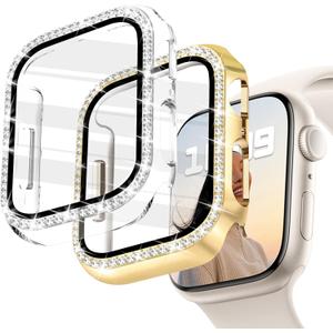 JR.DM 2 Pack Bling Case with HD Screen Protector Compatible with Apple Watch Series 4 5 6 SE 40mm, Women Glitter Diamond Rhinestone Bumper Face Cover for iWatch Accessories 40mm Clear/Gold