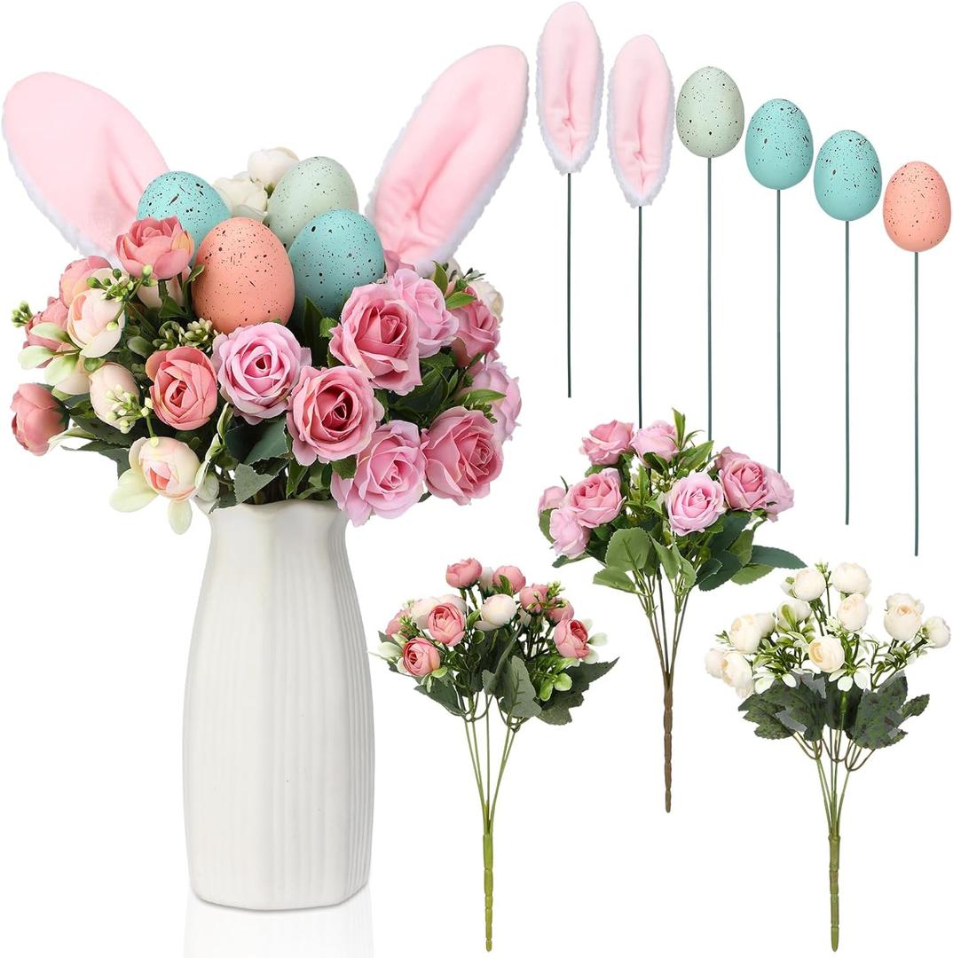 Suncalla 9 Pcs Easter Flowers Easter Eggs Picks with Bunny Ears and Spring Flowers Bouquet 13.8 in Floral Branches Filler Vase Picks and Sprays Stems Table Centerpiece for Home Arrangement Party Decor