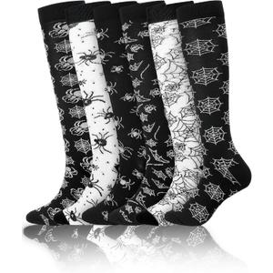 Halloween Socks Women Men Knee High Compression Socks for Halloween Nurses Running (Large-X-Large, White and Black)