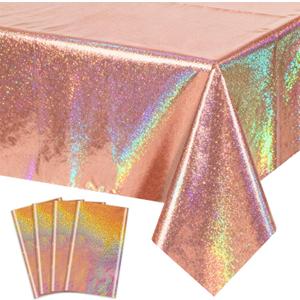 4Pcs Rose Gold Holographic Tablecloths Rectangular Pink Iridescent Tablecloth Shimmer Metallic Table Covers for Girls Women Rose Gold Birthday Decorations, 54 x 108Inch