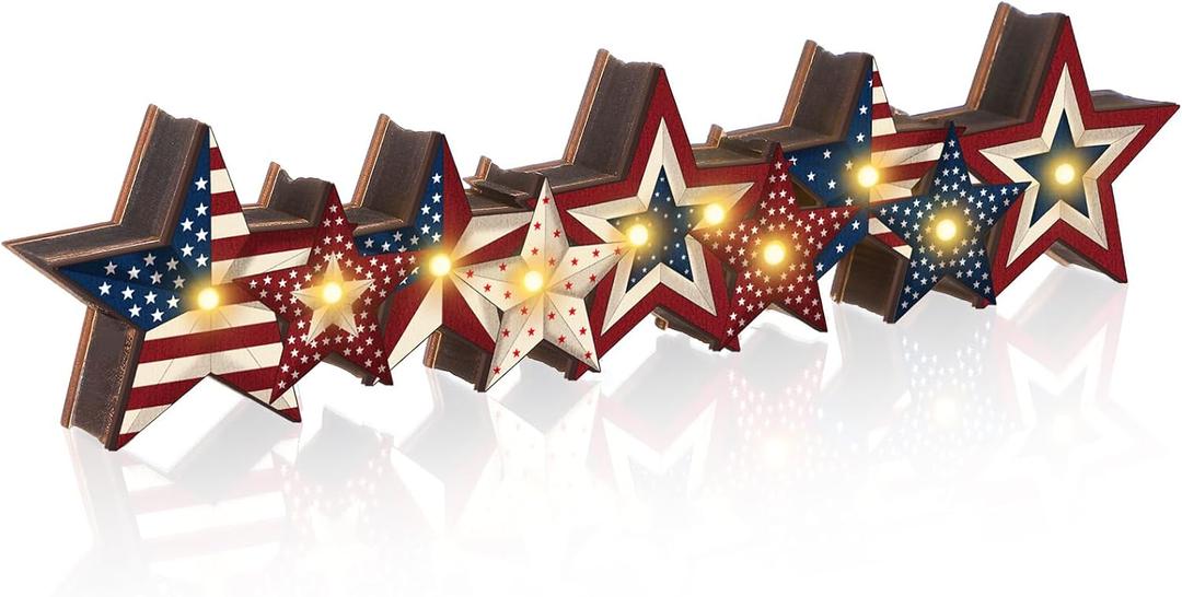 Yousoontic 4th of July Table Centerpieces, 3D Wooden Star Decorations with LED Lights, Patriotic Farmhouse Decor for Home Mantel Desk Office, Independence 250th Anniversary Memorial Day Party Decors