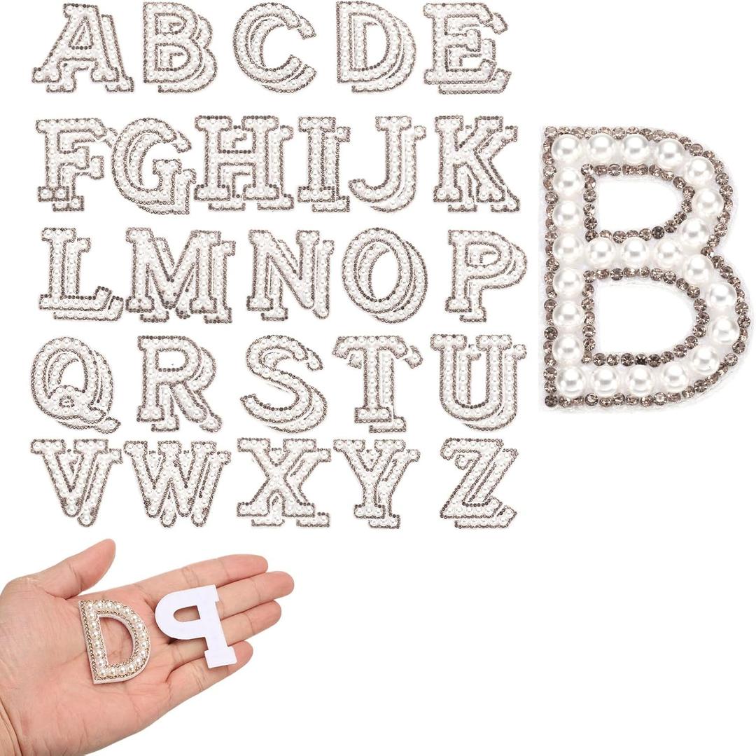 uxcell 52pcs Rhinestone Iron on Letter Patches, A-Z Self Adhesive Glittery Rhinestone Alphabet Letter Sticker Appliques for DIY Jackets Hats Clothes Backpack, White