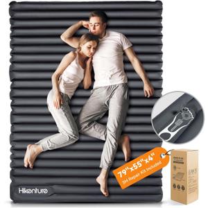 Hikenture Double Sleeping Pad for Camping, Ultralight 4" Extra-Thick Camping Mattress 2 Person, Inflatable Backpacking Sleeping Mat, Hiking Air Mattress for Tent (Grey Footpump 79x55in)