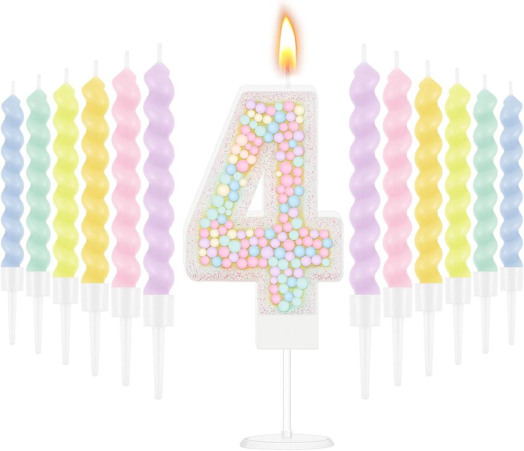 MTLEE Number 4 Birthday Candle with 12 Pcs Spiral Candles for Girls Macaron Pastel Rainbow Unicorn Pink Cake Topper for Sweet Theme Party Decoration (White)