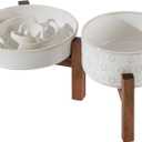 Havniva Elevated Slow Feeder Dog Bowls, 1.2 Cups/7.3 inch Slow Feeders + 6.1 inch Ceramic Dog Food & Water Bowls Set with Acacia Wood Stand Puzzle Bowls for Fast Eater, Small Dogs Anti-Choking