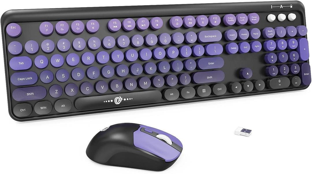 Wireless Keyboard and Mouse Combo, 104 Round Keys Cute Colorful Keyboard and Mouse with Retro Typewriter for PC/Mac/Laptop/Tablet/Computer/Windows Black Purple