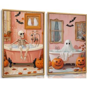 2Pcs Halloween Ghosts Canvas Wall Art Skeletons and ghosts in the bathtub Wall Decor Pictures Vintage pink Fall Pumpkins Posters Prints for Bathroom Gallery Home Decor Unframed