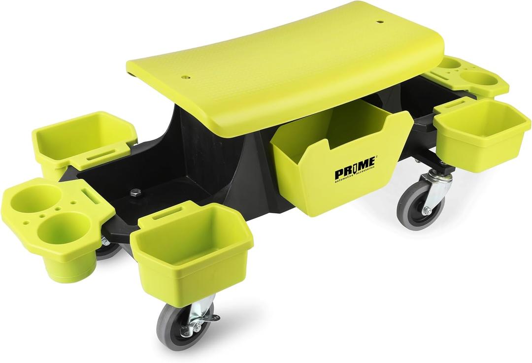 PR1ME Rolling Detailing Creeper Seat, Roller Mechanic Detailing Utility Seat, Rolling Mechanic Stool with Wheels, Removable Tool Trays Drawer, 300 Lbs Capacity for General Garage Use, and Home Use